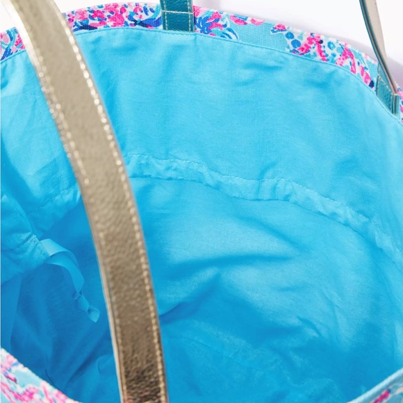 Lilly Pulitzer Wicker Canvas Beach Tote Bag Celestial Blue Seek Sea Coral NWT - Picture 5 of 8